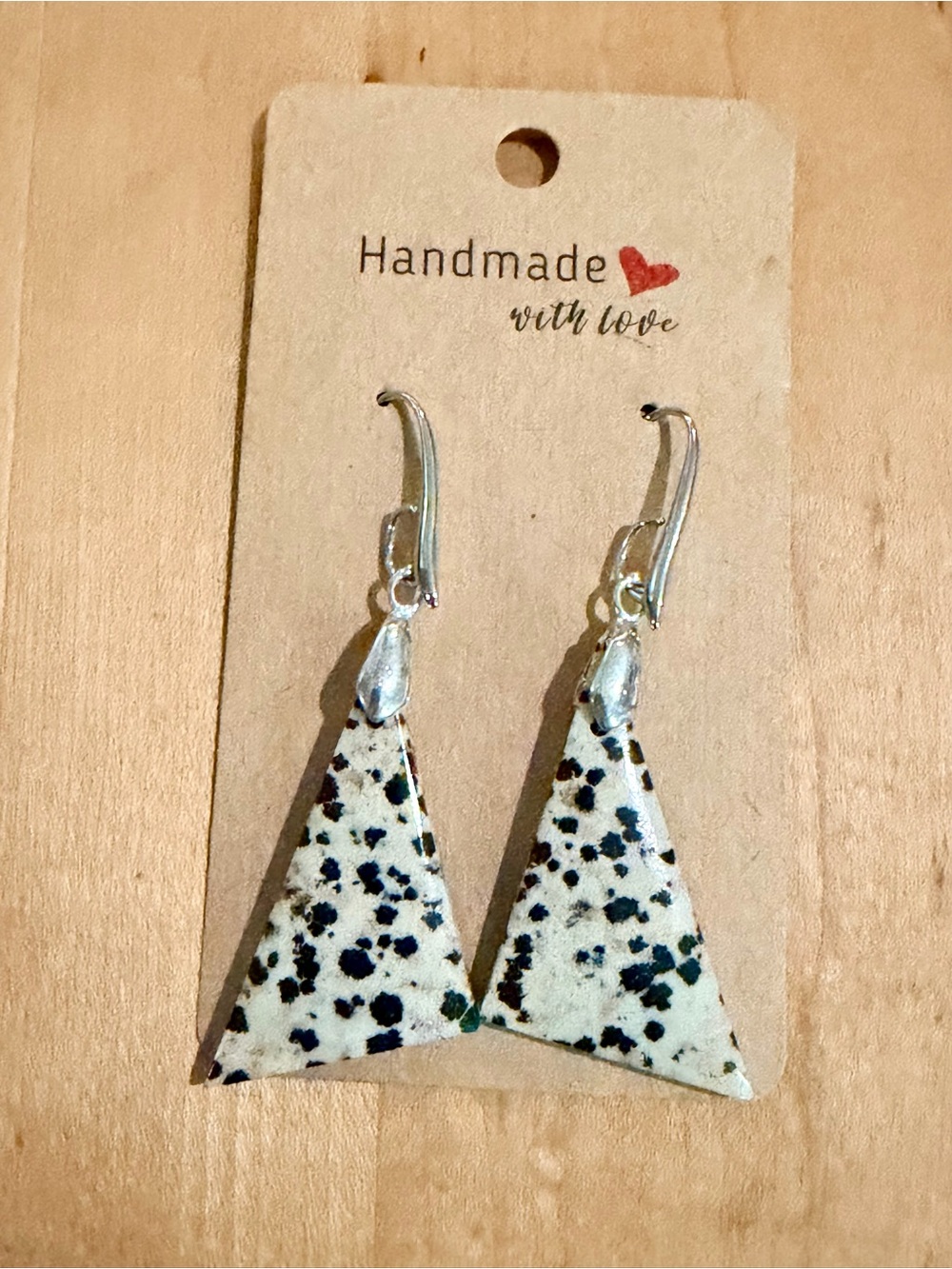 Dalmatian Jasper Triangle Drop Earrings - Silver Plated